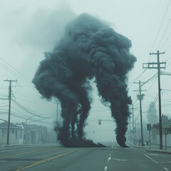 Monstrous Smoke Formation on City Street, Surreal Menace created with Generative AI technology