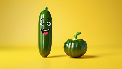 green cucumber. vegetable cucumber cartoon emoji on a yellow background. cartoon funny face cucumber. ready to cook. healthy food vegetable eat concept. fresh organic vegetable. with empty copy space 