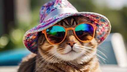 Wall Mural - Funny party cat wearing colorful summer hat and stylish sunglasses