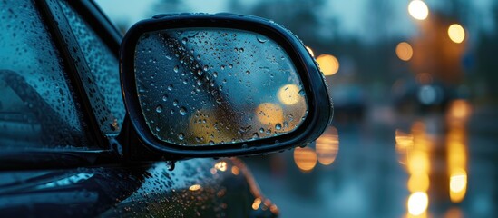 Poster - A modern cars side view mirror is depicted in the image, with raindrops covering its surface. The raindrops distort the reflection of the surrounding environment.