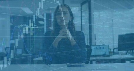 Poster - Animation of financial data processing over caucasian businesswoman in office