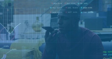 Poster - Animation of financial data processing over african american businessman using smartphone