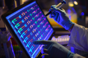 Poster - A person holding a pipette in front of a computer screen