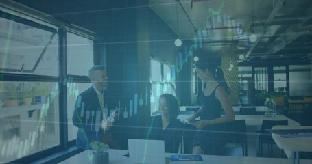 Poster - Animation of financial data processing over diverse business people in office