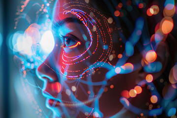 Leinwandbilder - A close up of a woman 's face with glowing lines around it