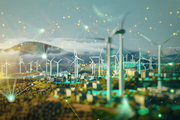 Poster - An aerial view of a city surrounded by wind turbines
