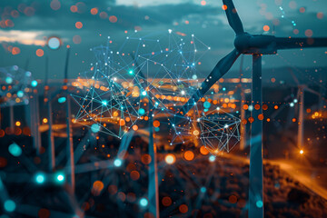 Poster - A wind turbine is surrounded by a grid of dots and lines