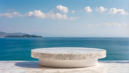 Wall Mural - empty marble product display podium with sea , ocean background