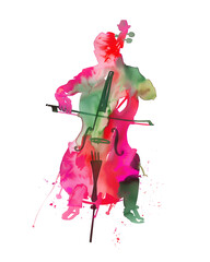 Wall Mural - man with cello instrument expressive watercolor hand drawn illustration isolated on white background