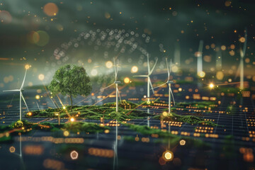 Poster - A tree is surrounded by wind turbines and solar panels