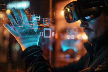 Poster - A man wearing a virtual reality headset is touching a screen