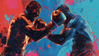 Boxing with surreal elastic arms unreal action frozen in pop art splashes dynamic crowd background