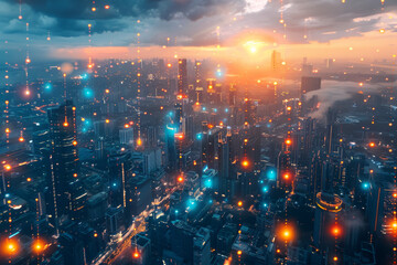 Aufkleber - An aerial view of a city at night with lots of lights