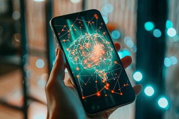 Poster - A person is holding a smart phone with a brain on the screen