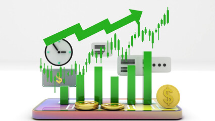 You track investments using your mobile device. To make decisions, people look at news articles, stock prices, and returns.,Investment icons and a docked mobile phone,3d rendering