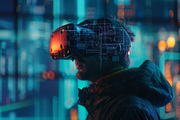 Poster - A man wearing a virtual reality headset looks at a map