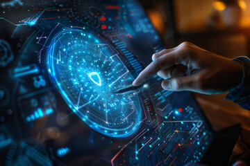 Poster - A person 's finger is pointing at a shield on a computer screen