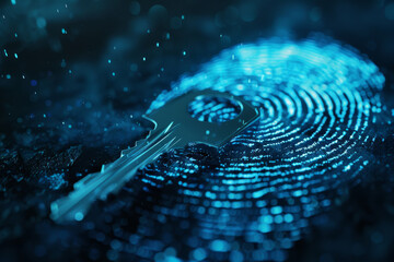 Fototapete - A key is laying on top of a blue fingerprint
