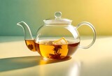 Fototapeta Uliczki - Glass teapot with green tea.