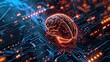 Illustration, human brain integrated as a microchip in an electronic circuit.