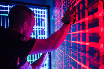 Poster - A man is working on a wall with a lot of lights on it