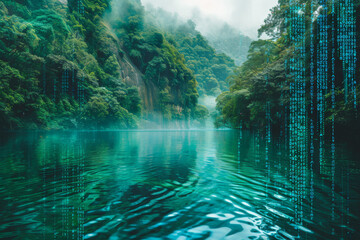 Poster - A lake in the middle of a forest with numbers coming out of it
