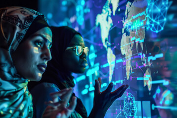 Poster - Two women are looking at a screen with a map of the world on it