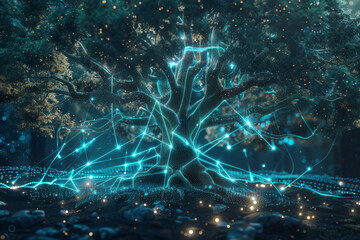 Leinwandbilder - A tree with glowing branches and roots in a dark forest