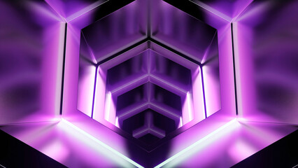Poster - Movement in 3D tunnel with glowing metal walls. Design. Geometric tunnel with metallic texture and luminous reflections. Movement and immersion in cyberspace of tunnel