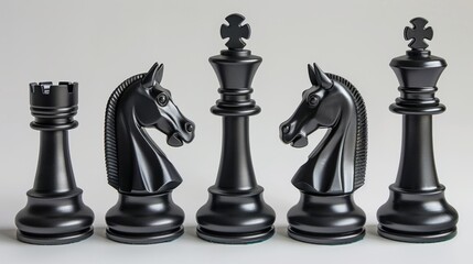 matte black all chess pieces adjacent, white background, clean,