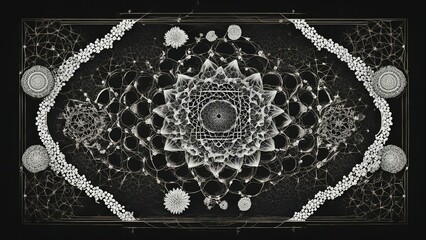 Wall Mural - black and white lace A sacred geometry art with a white and dotwork style. The art has a black background  