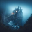 Magical castle on a cliff by the sea, misty atmosphere at midnight.