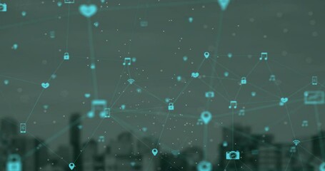 Poster - Animation of network of connections with icons over cityscape on green background