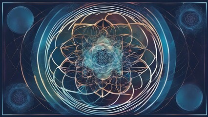 Wall Mural - background with space _A Fibonacci poster with a flower of life and abstract style. The poster has a dark blue background  