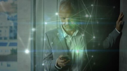 Poster - Animation of network of connections caucasian businessman with smartphone in office