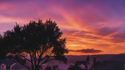 Wall Mural - sunset in the city _ watercolor painting of a sunset sky with orange and purple hues