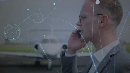 Poster - Animation of network of connections over caucasian businessman using smartphon by plane
