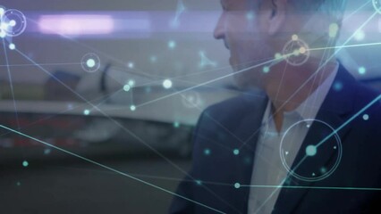 Poster - Animation of network of connections caucasian businessman by plane