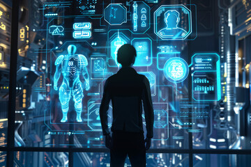 Poster - A man stands in front of a futuristic screen with a robot on it