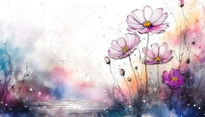 Wall Mural - Esquisse de fleurs de cosmos sur fond blanc avec espace de copie