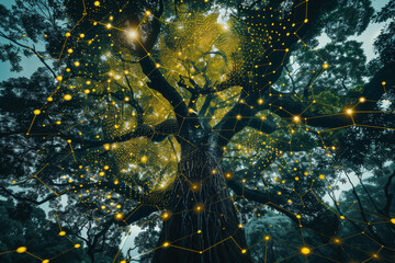 Poster - Looking up at a tree with yellow lights coming out of it