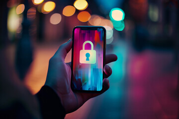 Poster - A person is holding a cell phone with a padlock on the screen
