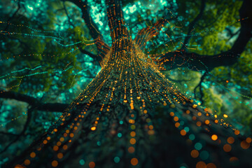 Poster - Looking up at a tree with lots of lights coming out of it