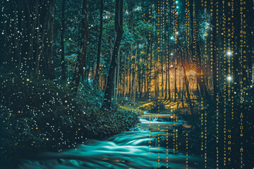 Poster - A stream flowing through a forest with numbers hanging from the trees