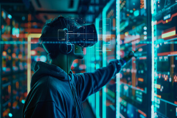 Poster - A man wearing a virtual reality headset is touching a screen