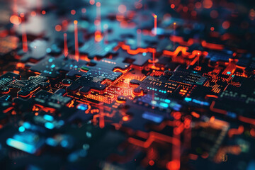 Poster - A close up of a circuit board with red and blue lights