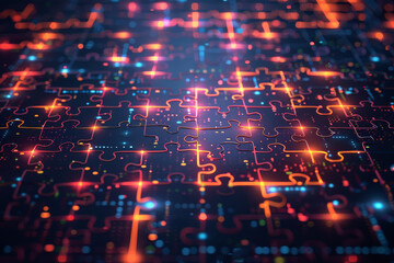 Poster - A bunch of puzzle pieces that are glowing in the dark