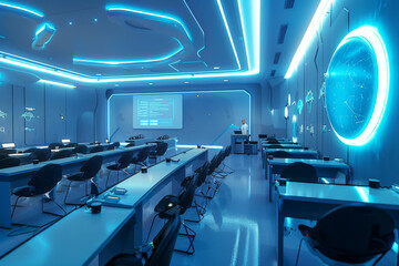 Poster - A man is giving a presentation in a futuristic classroom