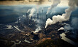 Pollution from emissions from the steel mill and surface mine in the vicinity. Heavy industry concept. Aerial shot.