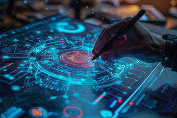 Poster - A hand is holding a pen in front of a screen that says ' nc ' on it
